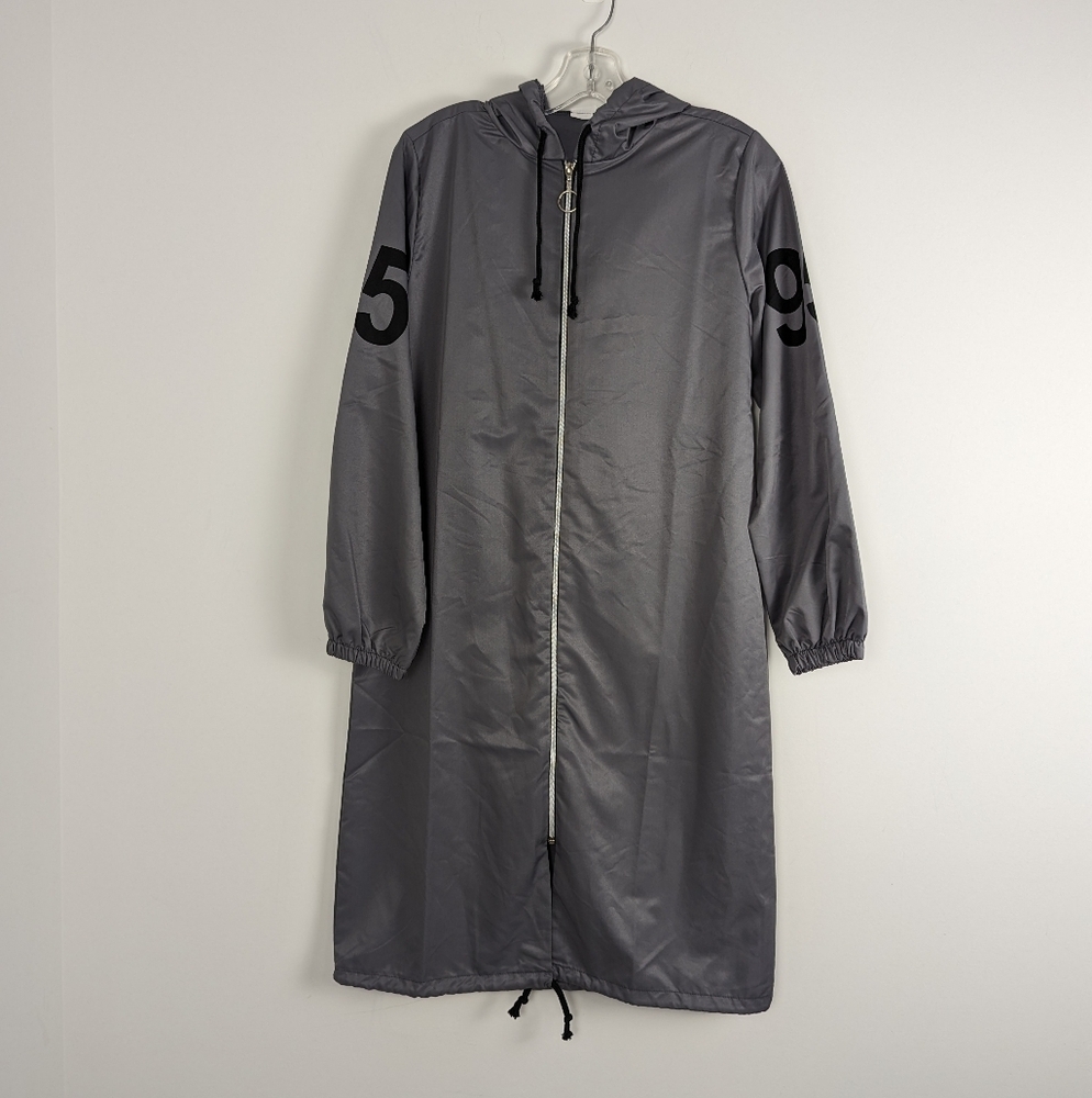 Tofisa Small Grey Hooded Longline Windbreaker with Number Print - Made in Turkey